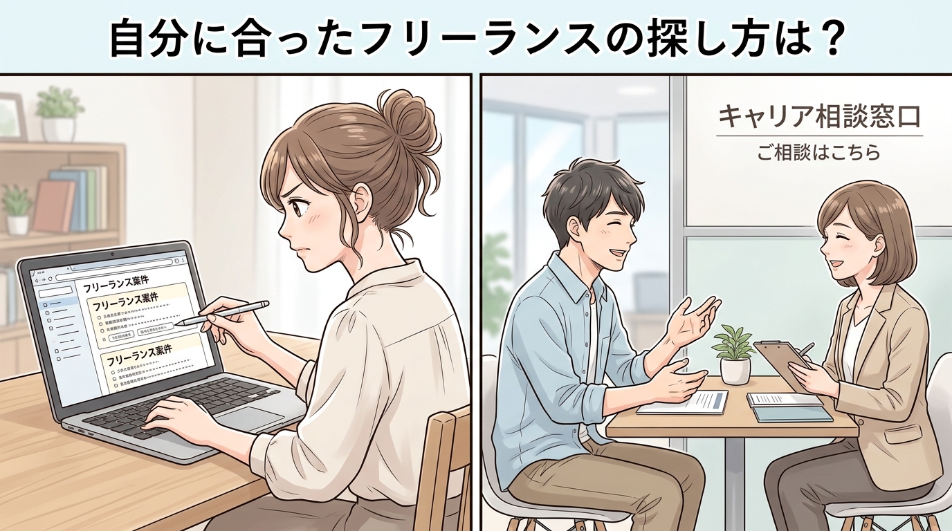 自分に合った仕事の探し方をリサーチし、キャリア相談窓口で相談するイメージイラスト