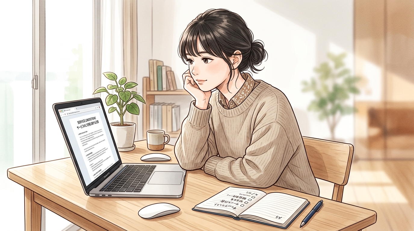 窓際の気持ち良い木製デスクでノートパソコンを開いてアイデアを考える女性フリーランスのイメージ