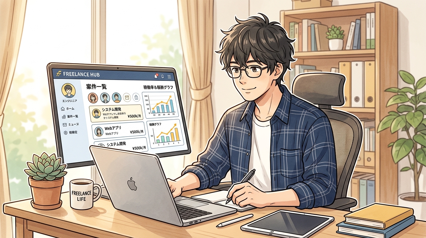 自宅オフィスで笑顔でパソコンに向かい、案件一括検索プラットフォームを利用する男性エンジニアのイメージ