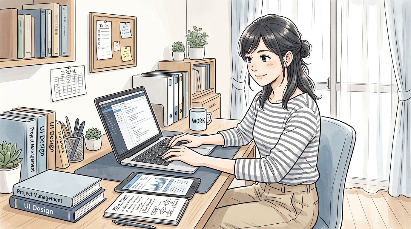 PMやUI/UXデザインなどの専門スキルを活かして、自宅のデスクで仕事に集中する女性フリーランス