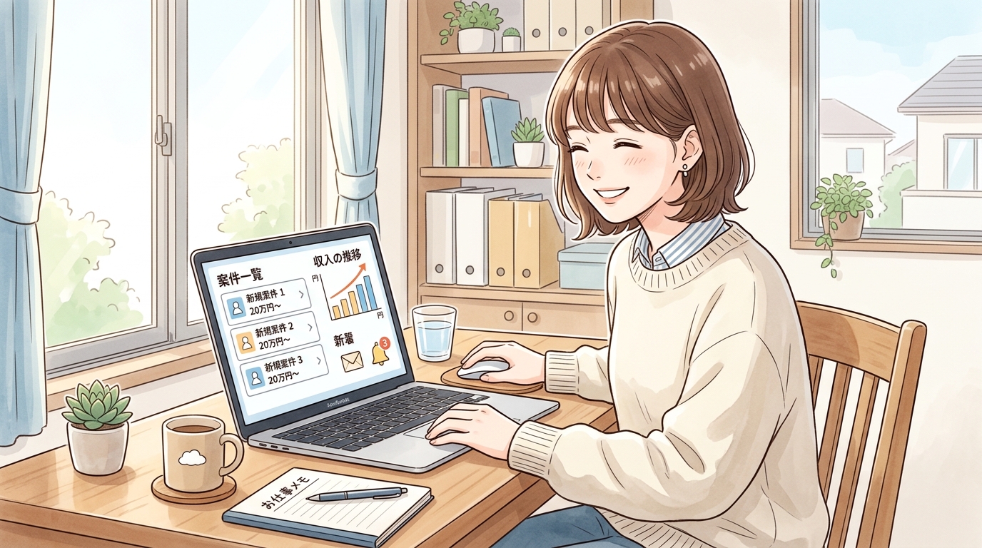ノートパソコンを開き、3ステップの簡単な登録手順を確認しながら会員登録を進める女性