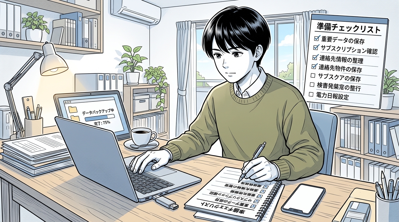 経歴書データや保存した求人情報を退会前にバックアップし、チェックリストで漏れがないか確認する男性