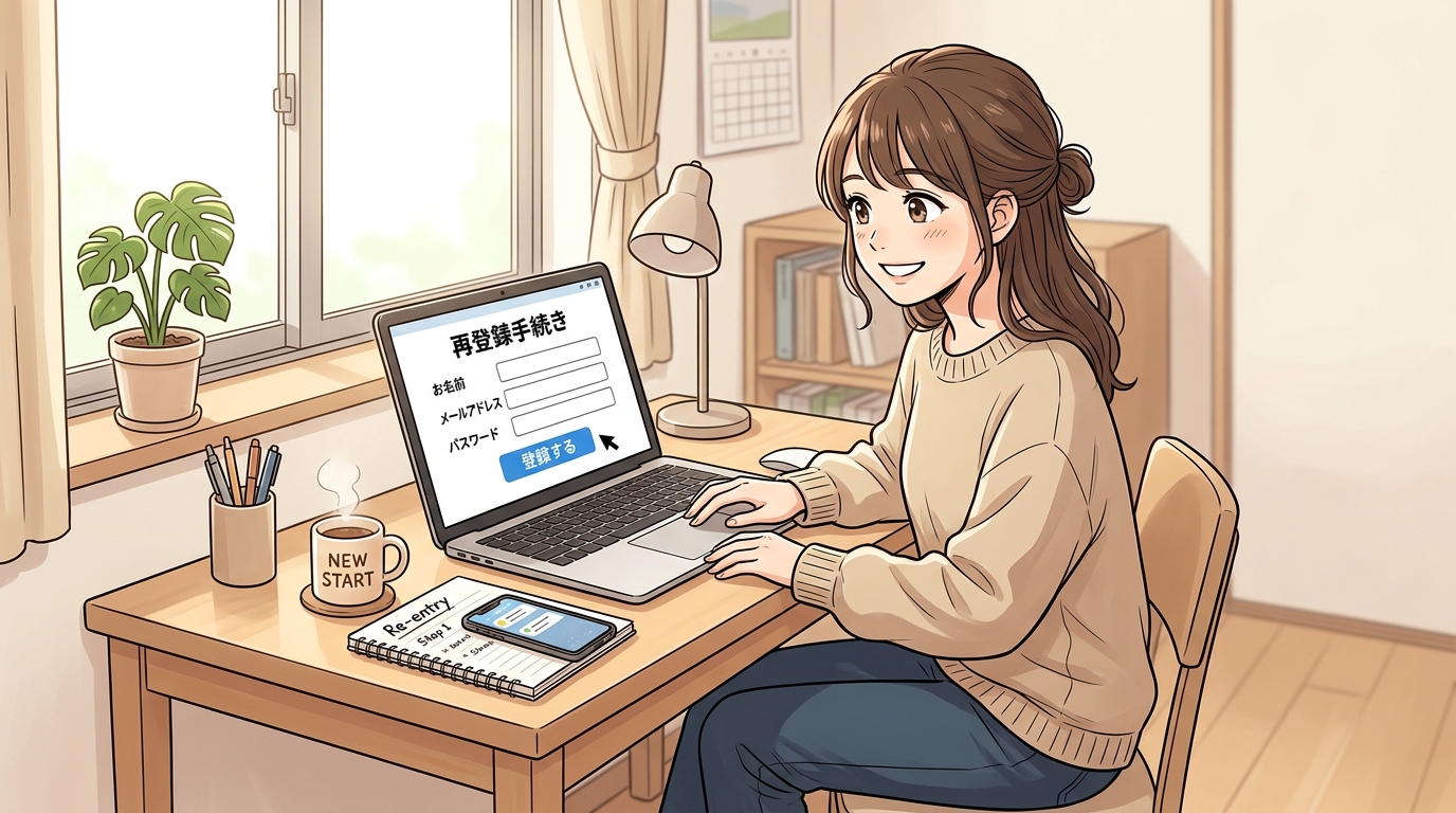 退会後に以前のアカウント情報を整理し、新たなキャリアのために再登録手続きを検討する女性のイラスト