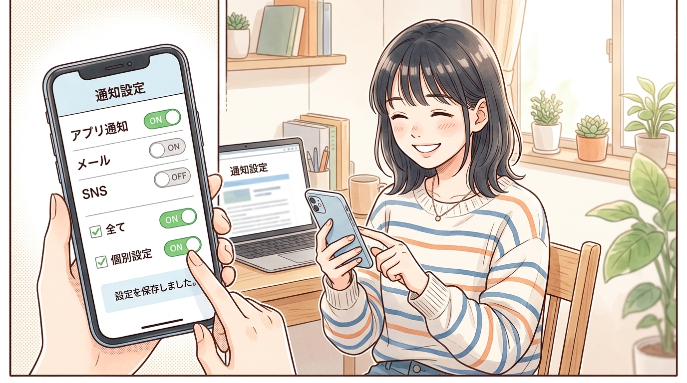 スマートフォンの通知設定画面で、スカウトメールや不要な配信の受信設定をオフに切り替える女性