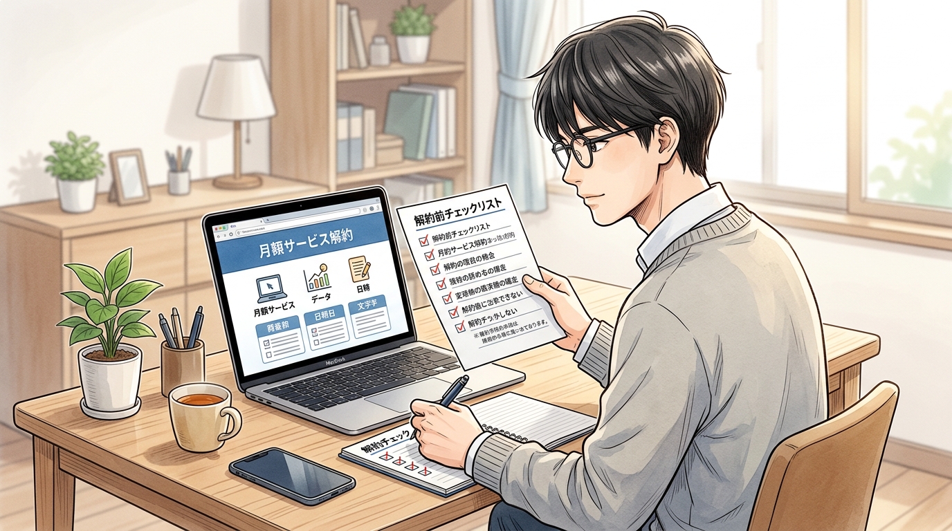 フリーランスボードの退会を進める前に、サービス利用頻度や注意事項を確認する知的な男性