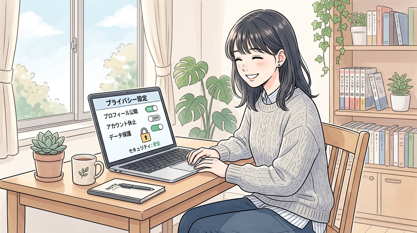 プロフィール公開設定を非公開に切り替え、個人情報を保持したまま活動を一時休止する女性